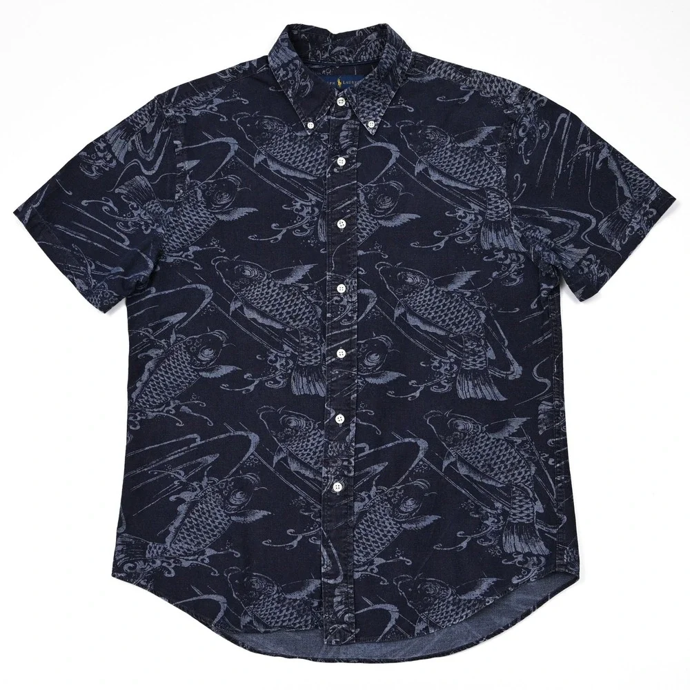 Polo Ralph Lauren‎ Slim Fit Button Up Shirt Men's L Blue Koi Fish All Over Print